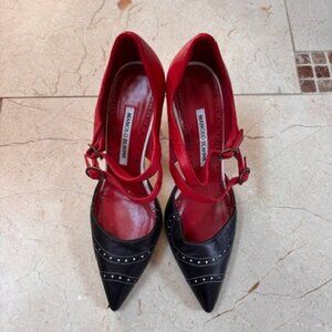 Manolo Blahnik Shoes | Red and Black Bicolored Mary Jane Pumps | Size 37 (7)